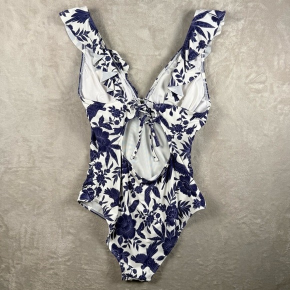Cupshe Blue White Floral One Piece Swimsuit Small Ruffle V Neck Lace Up Back - Picture 3 of 9